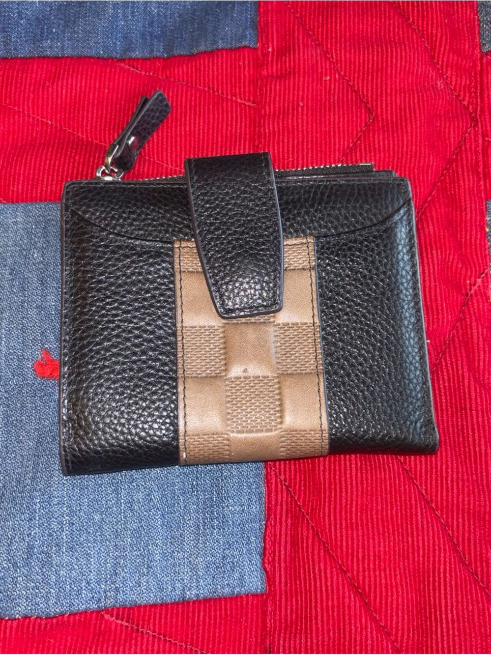 Just Black Black & Brown Checker Trim Leather Wallet